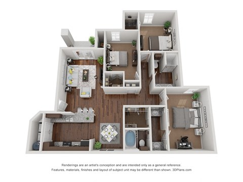 Floor plan for 3 beds, 2 baths, 1422 sqft